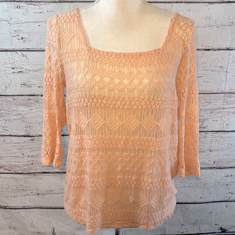 LUCKY BRAND Blouse 3/4 Sleeve Lace Square Neckline Peach-Small